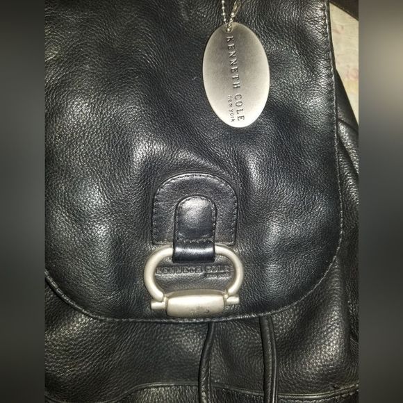 Kenneth Cole Black Leather Backpack Drawstring Bag - Picture 7 of 7